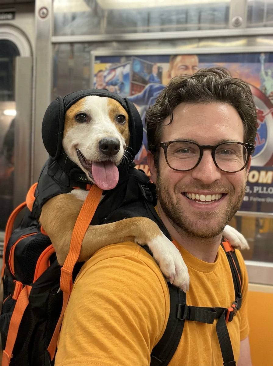 Illustration: Mensch mit Hund und Ohrenwrap unterwegs