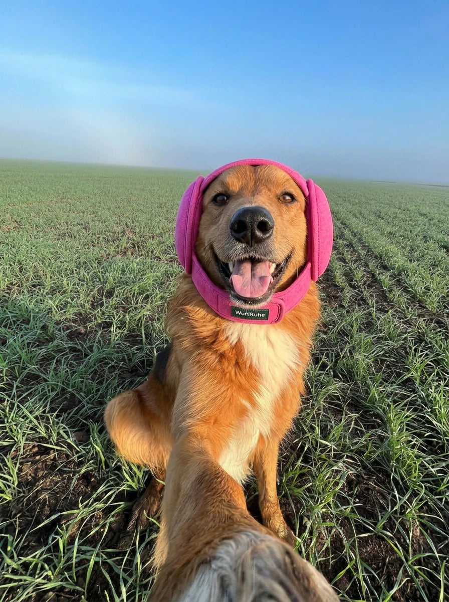 Humorvolle Illustration: Hund mit pinkem Ohrenwrap beim Selfie